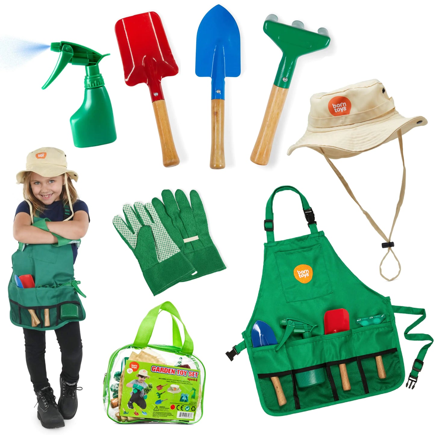 Born Toys Kids Gardening Tool Set for Ages 3-7 Kids Garden Apron Kids Sun Hat Kids Shovel Toddler Gardening Gloves - Kids Gardening Set as Dress Up & Pretend Play Costumes for Boys & Girls