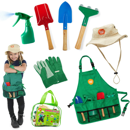 Born Toys Kids Gardening Tool Set for Ages 3-7 Kids Garden Apron Kids Sun Hat Kids Shovel Toddler Gardening Gloves - Kids Gardening Set as Dress Up & Pretend Play Costumes for Boys & Girls