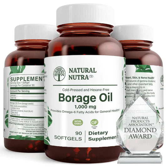 Natural Nutra Borage Oil Maintain Skin Health Support Heart Health Improves Nerve Health Help Overcome Joint Paint Help Reduce Pimple Omega 6 Essential Fatty Acids Supplement 90 Softgels.
